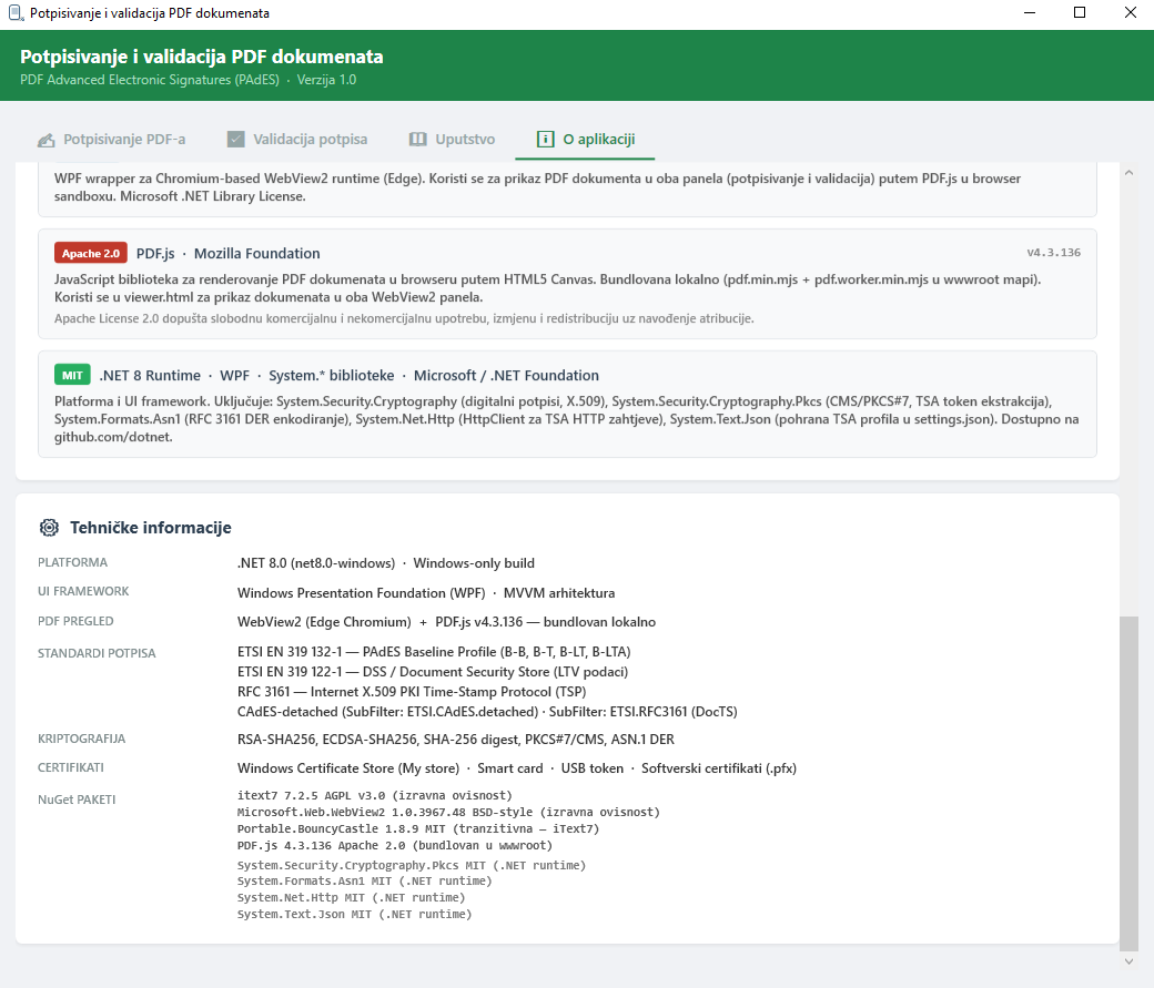 Tab O aplikaciji — tehničke informacije i licence